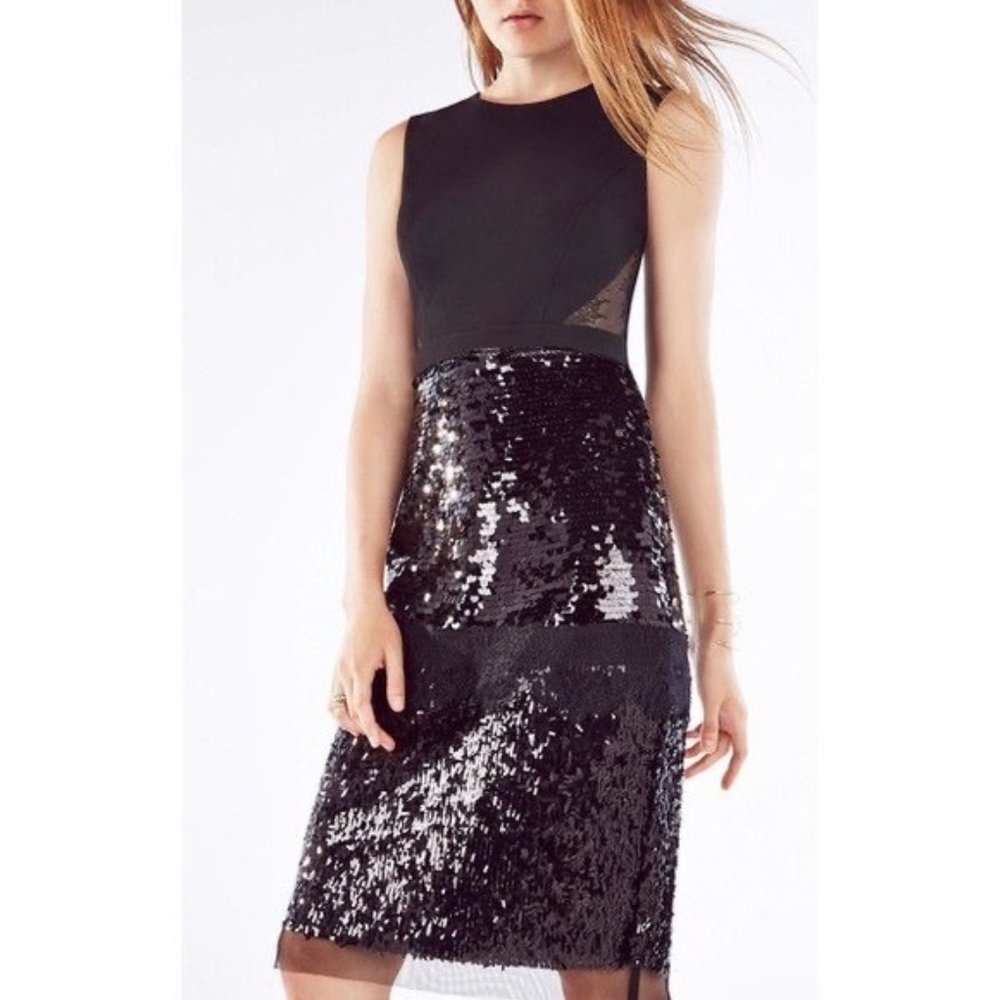 BCBG MAXAZARIA REYNA SEQUINS AND LACE BLACK DRESS